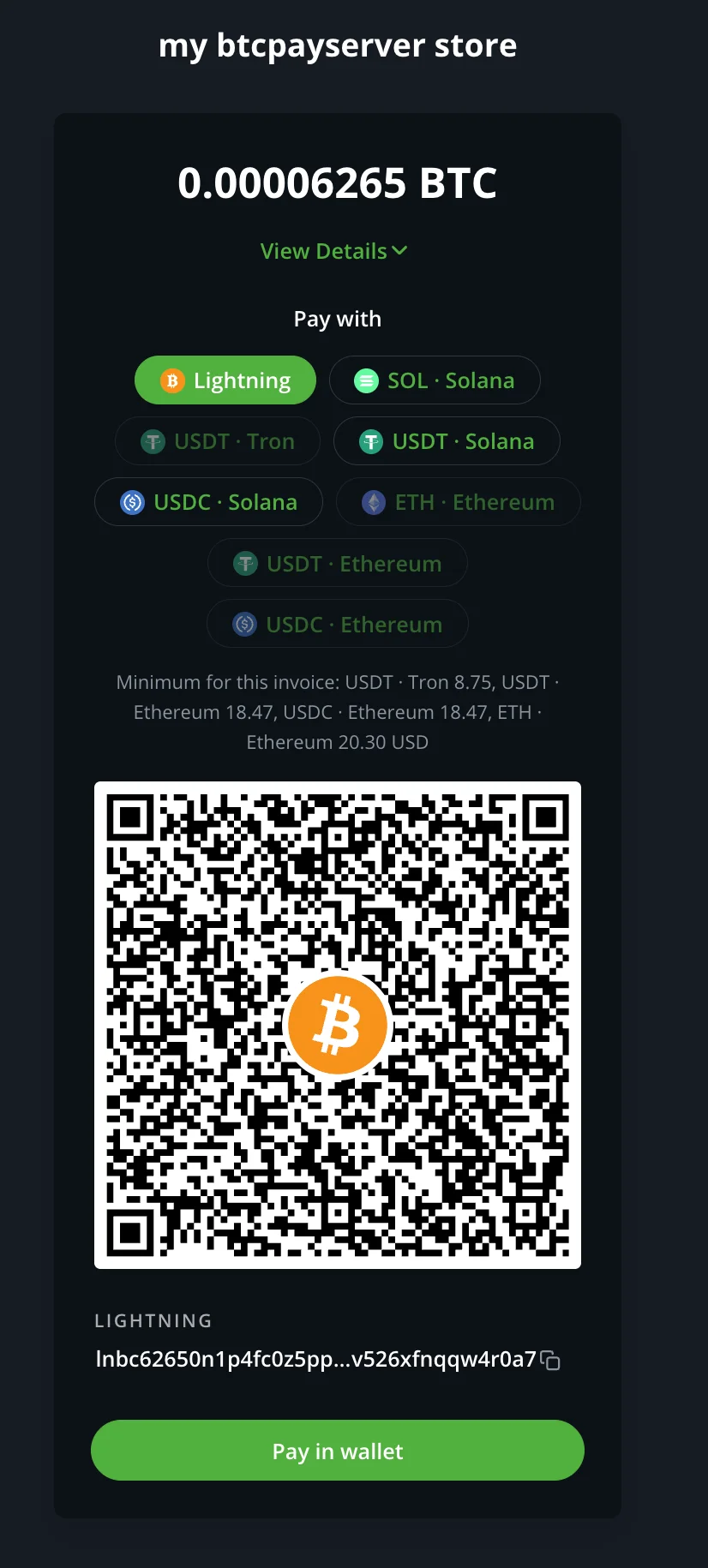 The checkout with Lightning and swap options