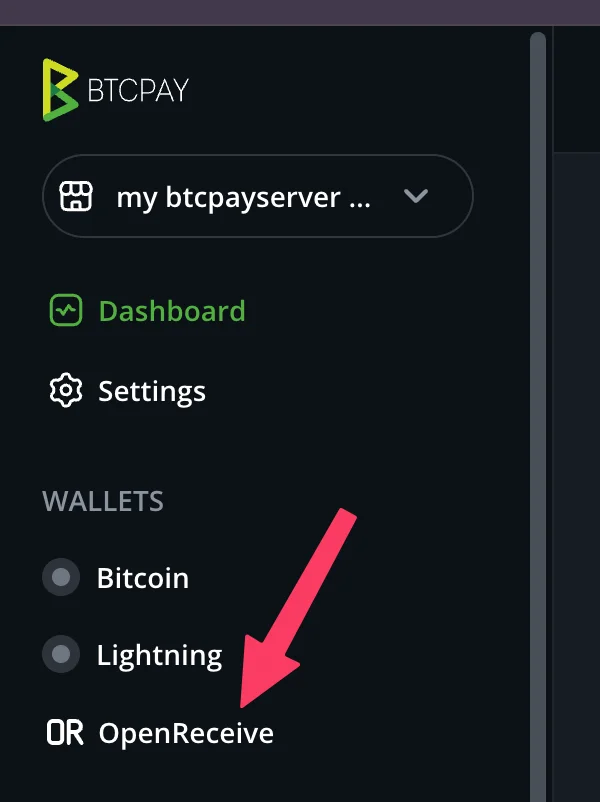Click OpenReceive in the store sidebar