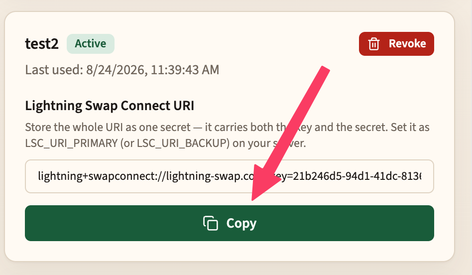 Lightning Swap API key detail showing the Lightning Swap Connect URI and Copy button