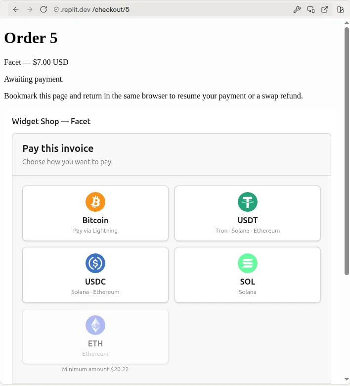 The OpenReceive checkout in Replit's Preview, offering Bitcoin, USDT, USDC, SOL and ETH