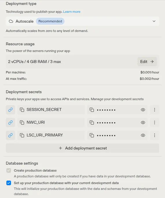 Publishing settings: Autoscale, and deployment secrets NWC_URI and LSC_URI_PRIMARY linked to the app's Secrets