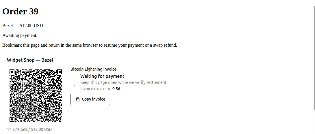 The published shop's checkout showing a Lightning invoice with its QR code and wallet list